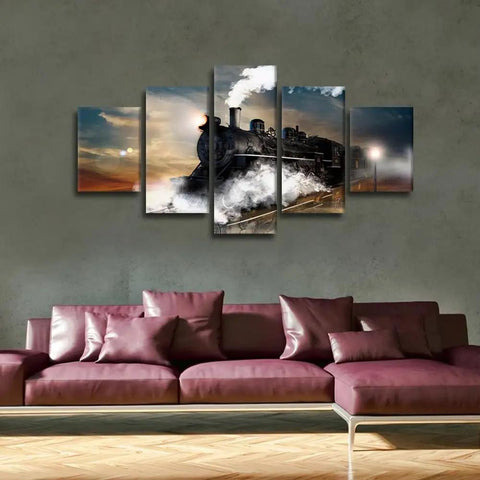 Old School Train Wall Art Set With Nighttime Steam Locomotive Canvas And Wooden Frame Retro Home Decor For Living Room And Office