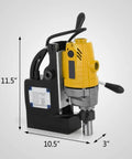 1100W Portable Magnetic Drill Press For Metal Fabrication strong magnetic base shown from the side with dimensions 11.5" x 10.5" x 3".