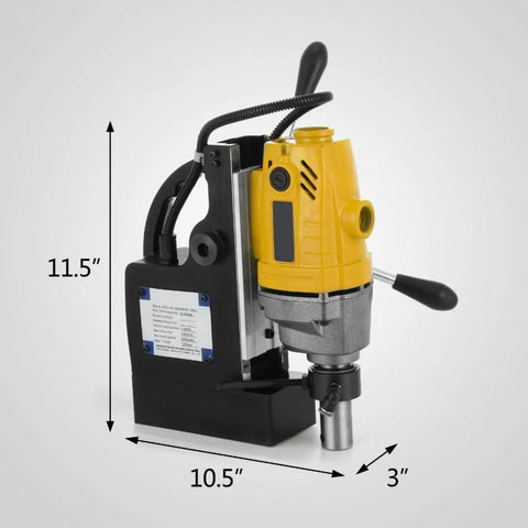1100W Portable Magnetic Drill Press For Metal Fabrication strong magnetic base shown from the side with dimensions 11.5" x 10.5" x 3".