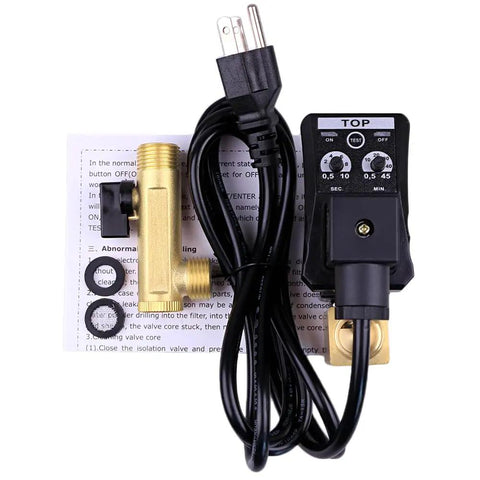 Half Inch AC 110V Automatic Timed Drain Valve For Air Compressor Tank, 2 Way Direct Acting Valve With Ball Valve Filter, US Plug