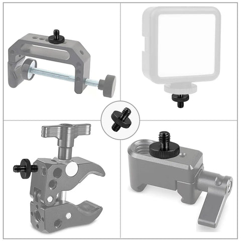 Rock Solid Two Pack Aluminum Quarter Inch Male To Male Threaded Adapter For Camera Cage Rig And Studio Light Stand Hardware Anti Rust Pro Grade Screw Coupler in various mounting positions.