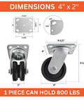 Dimensions of 4 Inch V Groove Caster Set with a 900 Pound Load Rating, detailed measurements for precise fit.