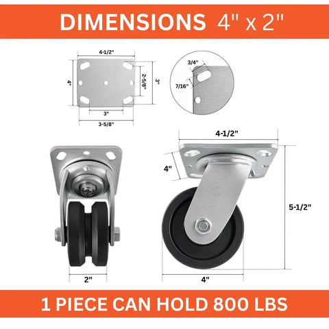 Dimensions of 4 Inch V Groove Caster Set with a 900 Pound Load Rating, detailed measurements for precise fit.