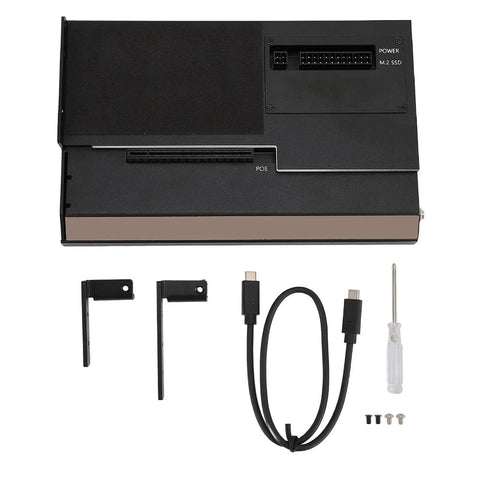 USB 4.0 External GPU Enclosure With 40Gbps Throughput showing dock, accessories, and tools for installation.