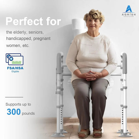 Elderly woman sitting with Toilet Safety Rails For Elderly And Handicap - Adjustable Width And Height Stand Alone Frame, supports 300 lbs