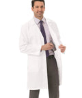 Men's Lab Coat 38 Inch Length 50 Long White Ultra Soft Stretch Fabric With Pleated Back, Belt Loop, Flattering Fit, Pro Grade Labwear