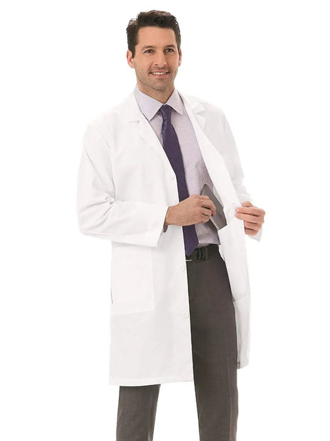 Men's Lab Coat 38 Inch Length 50 Long White Ultra Soft Stretch Fabric With Pleated Back, Belt Loop, Flattering Fit, Pro Grade Labwear