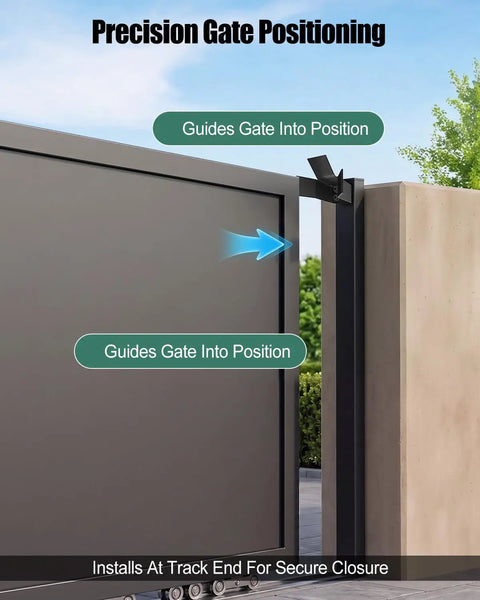 Heavy Duty Steel Slide Gate End Catch With Two Inch Receiver For Slick Sliding Gate Operation And Secure Yard Fence Alignment Built Damn Tough For Everyday Outdoor Use Without Any Fuss Or Hassle At All, showing precision gate positioning and installation at track end.