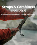 Person holding straps and carabiner for Wallaby Ultralight Hammock With Straps For Everyday Chill In Backyard Or Campground Portable Outdoor Hammock For Park Campus Patio Or Hiking Easy Setup Durable Ripstop Nylon Fern Green