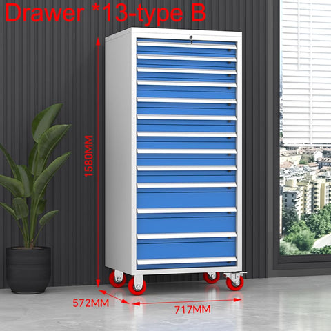 Heavy Duty Steel Tool Cabinet Shop Grade Rolling Cart Pro Built With Thirteen Wide Drawers in a modern garage setting.