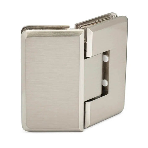Heavy Duty 135 Degree Glass to Glass Hinge in Brushed Nickel Finish, Self-Closing, fits 3/8 to 1/2 Inch Glass, 150 Pound Capacity