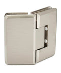 Heavy Duty Adjustable 135 Degree Glass To Glass Hinge In Brushed Nickel For Three Eighths To One Half Inch Glass Doors Up To 36 Inches Wide And 150 Pounds Self Closing Within About 25 Degrees Of Final Close Durable Easy Install, close-up view.