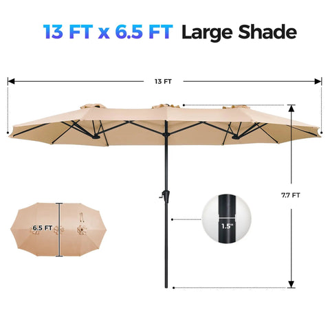 13Ft Outdoor Patio Umbrella With Double Sided Fade Resistant Canopy Beige Shade For Deck Backyard Or Market Use Large Table Umbrella To Cover 2 To 6 Seats Sturdy 38Mm Aluminum Pole No Base Included showing dimensions and structure