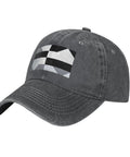Black And White Piano Grid Print Denim Baseball Cap With Adjustable Metal Buckle Unisex Cotton Snapback Hat angled view with curved brim.