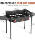 Three Burner Propane Stove with 225000 BTU High Pressure Output for Camping and Backyard, features windscreen and side shelves