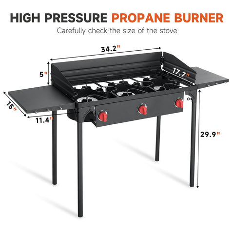 Three Burner Propane Stove with 225000 BTU High Pressure Output for Camping and Backyard, features windscreen and side shelves