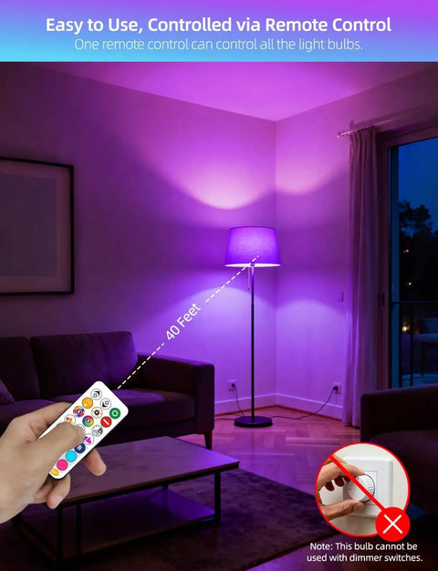 Lit Color Changing LED Bulb With Remote RGB 6 Modes Dimmable E26 Base in a living room, showing remote control use and ambient lighting.