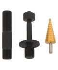 Components of 15 Ton Hydraulic Knockout Punch Kit Half Inch To 4 Inch Heavy Duty Punch Driver, including drill bit and studs