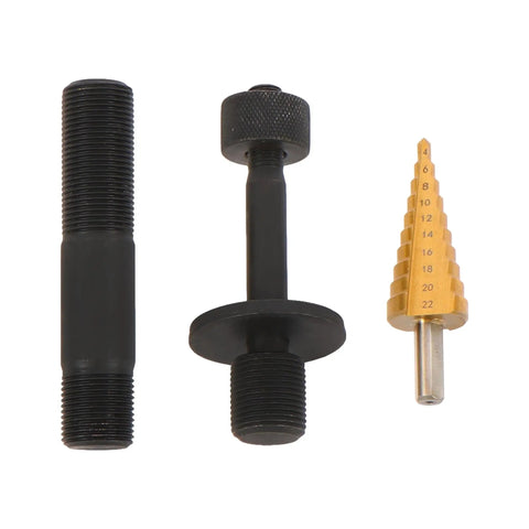 Components of 15 Ton Hydraulic Knockout Punch Kit Half Inch To 4 Inch Heavy Duty Punch Driver, including drill bit and studs