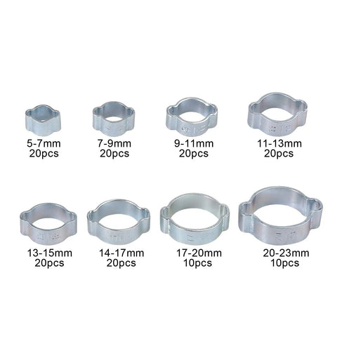 Top Notch 140 Piece Double Ear Hose Clamp Assortment Kit In Corrosion Resistant Zinc Steel With Wide Adjustable 5 To 23mm Coverage For Heavy Duty Rv Plumbing And Fluid Sealing That Holds Super Strong