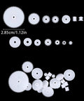 200Pcs 0.5 Module Plastic Gear Set for Small Motors with various worm, crown, and spindle gears on black background