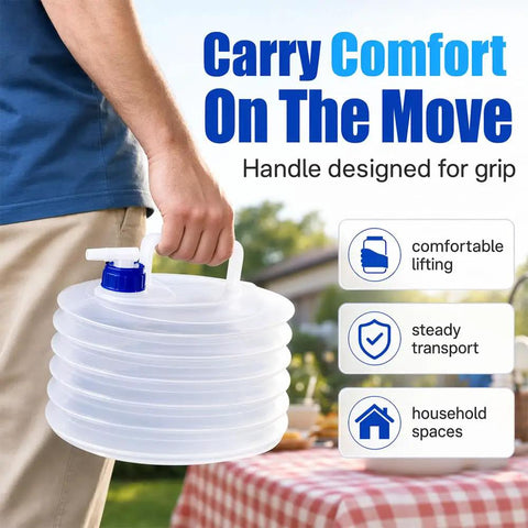 Collapsible Water Container With Spigot And Hook For Camping And Hiking BPA Free Foldable Water Storage Jug in use, hand holding handle