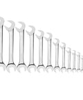 Premium 14 Piece Angle Head Open End Wrench Set In Chrome Vanadium Steel With Rust Resistant Mirror Finish laid out in size order.