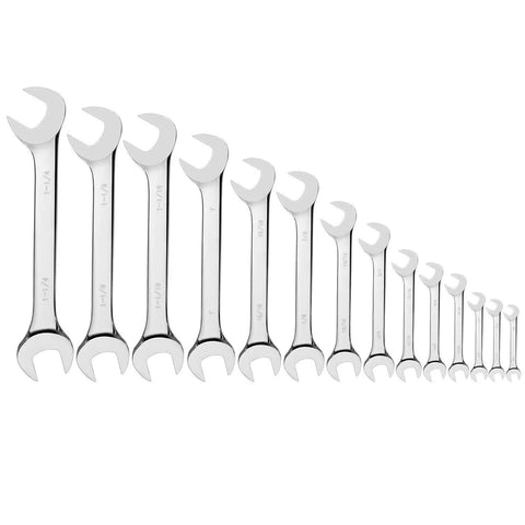Premium 14 Piece Angle Head Open End Wrench Set In Chrome Vanadium Steel With Rust Resistant Mirror Finish laid out in size order.