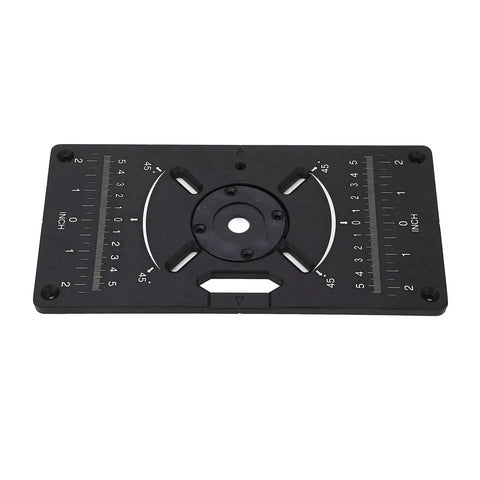 Heavy Duty Router Table Insert Plate Built Like a Boss Using Premium Anodized Aluminum Alloy With Four Tight Rings and Extra Screws for Flawless Workshop Woodworking Projects, top view showing measurements and router hole.