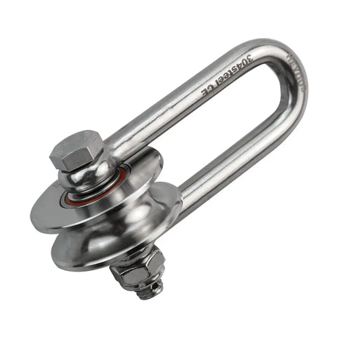 D Shaped Long Shackle Pulley 4.48x2.4 Inch 360 Degree Rotating Stainless Steel Bow Anchor Roller Detached, shown in close-up view.