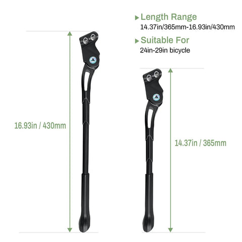 Adjustable 18mm Hole Spacing Bike Kickstand, 24-27.5 inch MTB, BMX, aluminum, length 365-430mm, easy install, side view.
