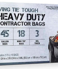 Hella Tough Heavy Duty Contractor Trash Bags 45 Gallon Pack Of 18 Black 3 Mil Thick Garbage Sacks With Wing Tie Closure packaging view.