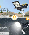 Beast Bright 400W Solar Street Light showing daylight charging and nighttime illumination, with IP66 waterproof feature on roof.