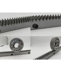 Close-up of External Gear Rack 1M Long 1Mod 500mm CNC Ready with precision straight teeth and 45 steel, gear compatibility shown.