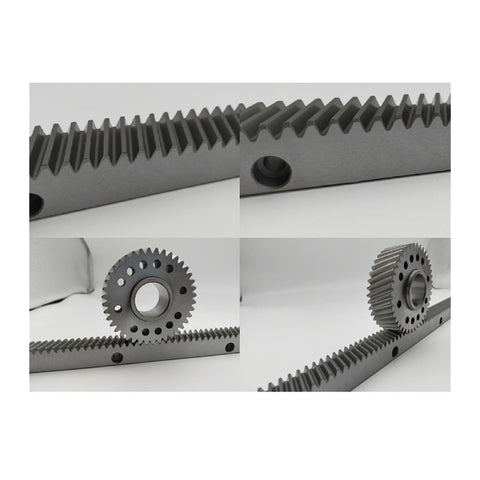 Close-up of External Gear Rack 1M Long 1Mod 500mm CNC Ready with precision straight teeth and 45 steel, gear compatibility shown.