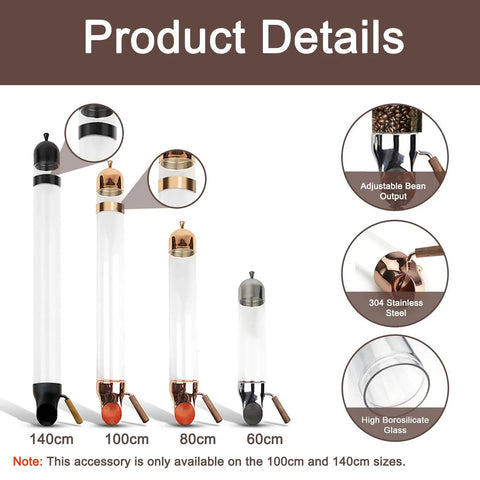 Wall Mounted Coffee Bean Dispenser Crafted From Hella Durable 304 Stainless Steel And High Borosilicate Glass close-up of sizes and features.