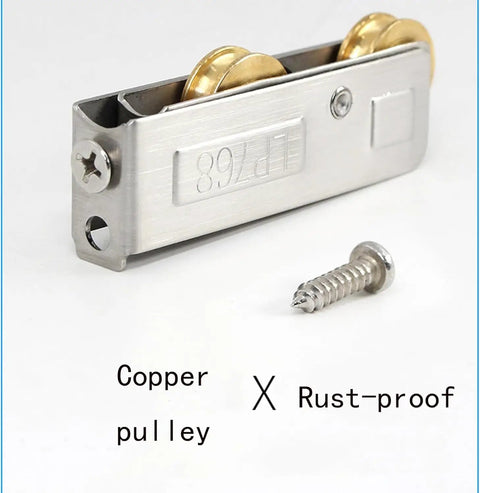 Heavy Duty Window Pulley And Sliding Door Runner Featuring Stainless Steel Core Copper Wheel And Aluminum Alloy Guide Rail Slick Silent Glide Built Like A Tank For High Traffic Home Projects, showing copper wheel and steel frame.