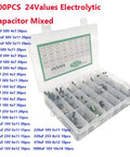 Large 500 Piece Electrolytic Capacitor Kit With 24 Values From 0.1uF To 1000uF DIP Caps 10V 16V 25V 50V In Transparent Storage Box