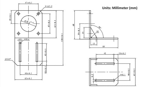 Front and side views of 4pcs NEMA 23 steel mounting brackets with mounting screws.