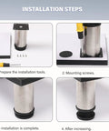 Installation steps for 4 Pack Adjustable Stainless Steel Furniture Legs 2 Inch Round Metal Feet with screws and non slip pads.