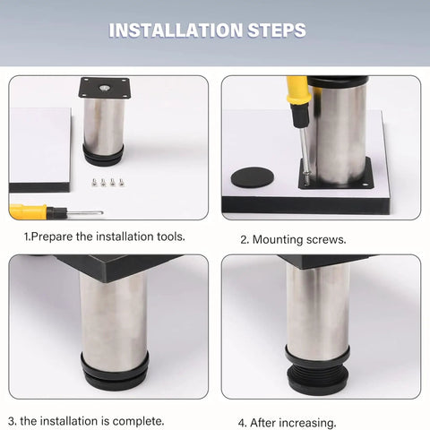 Installation steps for 4 Pack Adjustable Stainless Steel Furniture Legs 2 Inch Round Metal Feet with screws and non slip pads.