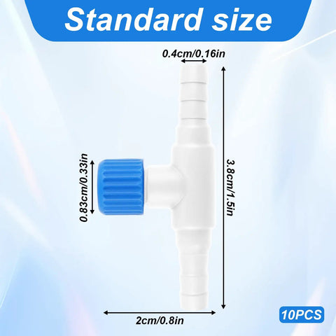 T Shaped Aquarium Air Flow Control Valves Pack Of 10 For Fish Tanks, 3/16 Inch ID Tubing, Blue White Plastic Regulator with dimensions