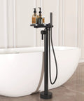 Matte Black Freestanding Bathtub Faucet With Shelf, Floor Mount Tub Filler, Handheld Brass Mixer, And Shower Faucets Kit