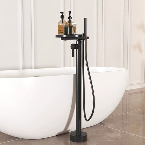 Matte Black Freestanding Bathtub Faucet With Shelf, Floor Mount Tub Filler, Handheld Brass Mixer, And Shower Faucets Kit