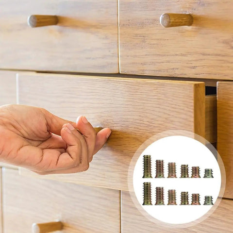 Hand opening wooden drawer with insert of 105 Piece Screw In Nuts Threaded Insert Kit For Wooden Furniture Carbon Steel Heavy Duty
