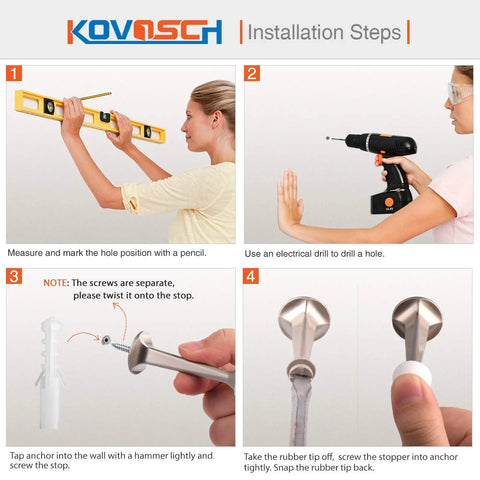 KOVOSCH two-pack satin-nickel door stops with rubber tips; wall protector shown in installation steps.