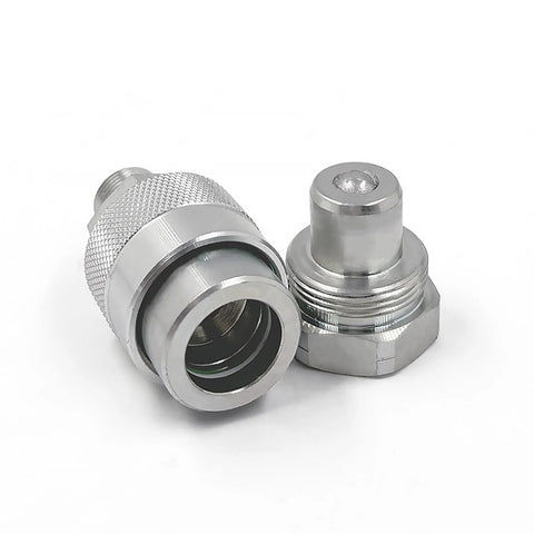3/8 NPT high-pressure hydraulic quick coupler set, metal chrome finish, includes two pieces with knurled grip