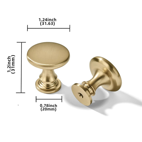 20 Pack Brushed Brass Cabinet Knobs Heavy Duty Zinc Alloy Bifold Closet Door Hardware Built Tough for Kitchen Cabinets and Bathrooms Fingerprint Resistant Champagne Bronze Finish, dimensions shown