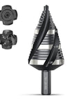 Four Spiral Flute Step Drill Bit Set 3/16 Inch To 1-3/8 Inch Range With 1/4 Inch Shank HSS Unibit for metal, wood, and plastic drilling.