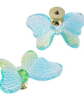Butterfly Glass Cabinet Knobs Set Of 5 In Blue Green Single Hole Drawer Pulls for furniture, close-up of two knobs, glass alloy craft.